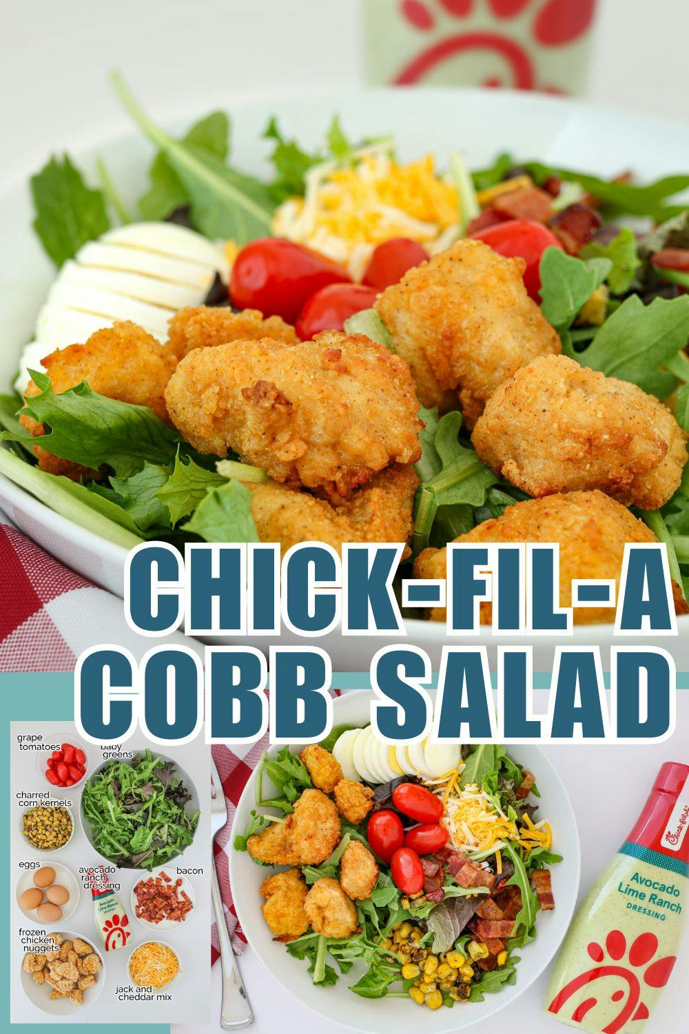 chick-fil-a cobb salad with a red check napkin and bottle of dressing in the background.
