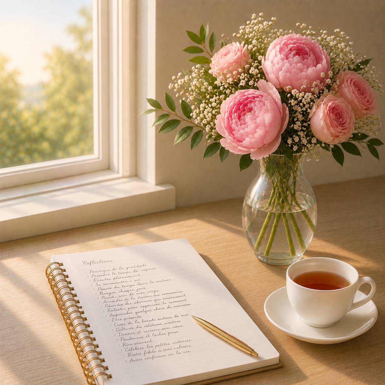 Notebook, tea, and flowers beside a sunlit window