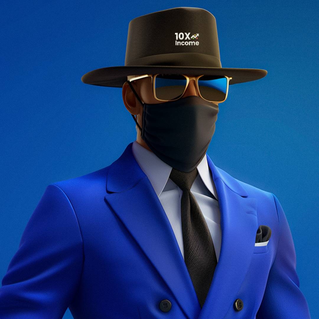 A stylized person is wearing a blue suit, black tie, and black pocket square. They have a black face mask and sunglasses, along with a black wide-brimmed hat that reads "10X Income." The background is a solid blue.