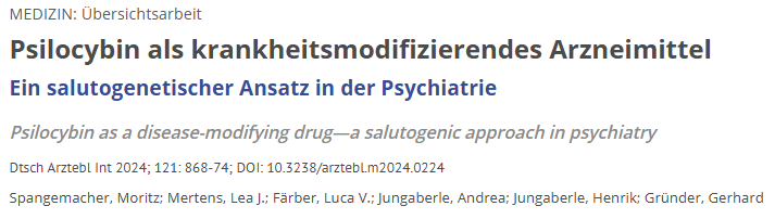 Alt text: The image shows details of a medical review article titled "Psilocybin als krankheitsmodifizierendes Arzneimittel: Ein salutogenetischer Ansatz in der Psychiatrie." In English, this translates to "Psilocybin as a disease-modifying drug—a salutogenic approach in psychiatry." It is published in "Dtsch Arztebl Int 2024; 121: 868-74" with DOI: 10.3238/arztebl.m2024.0224. Authors include Spangemacher, Moritz; Mertens, Lea J.; Färber, Luca V.; Jungaberle, Andrea; Jungaberle, Henrik; and Gründer, Gerhard.