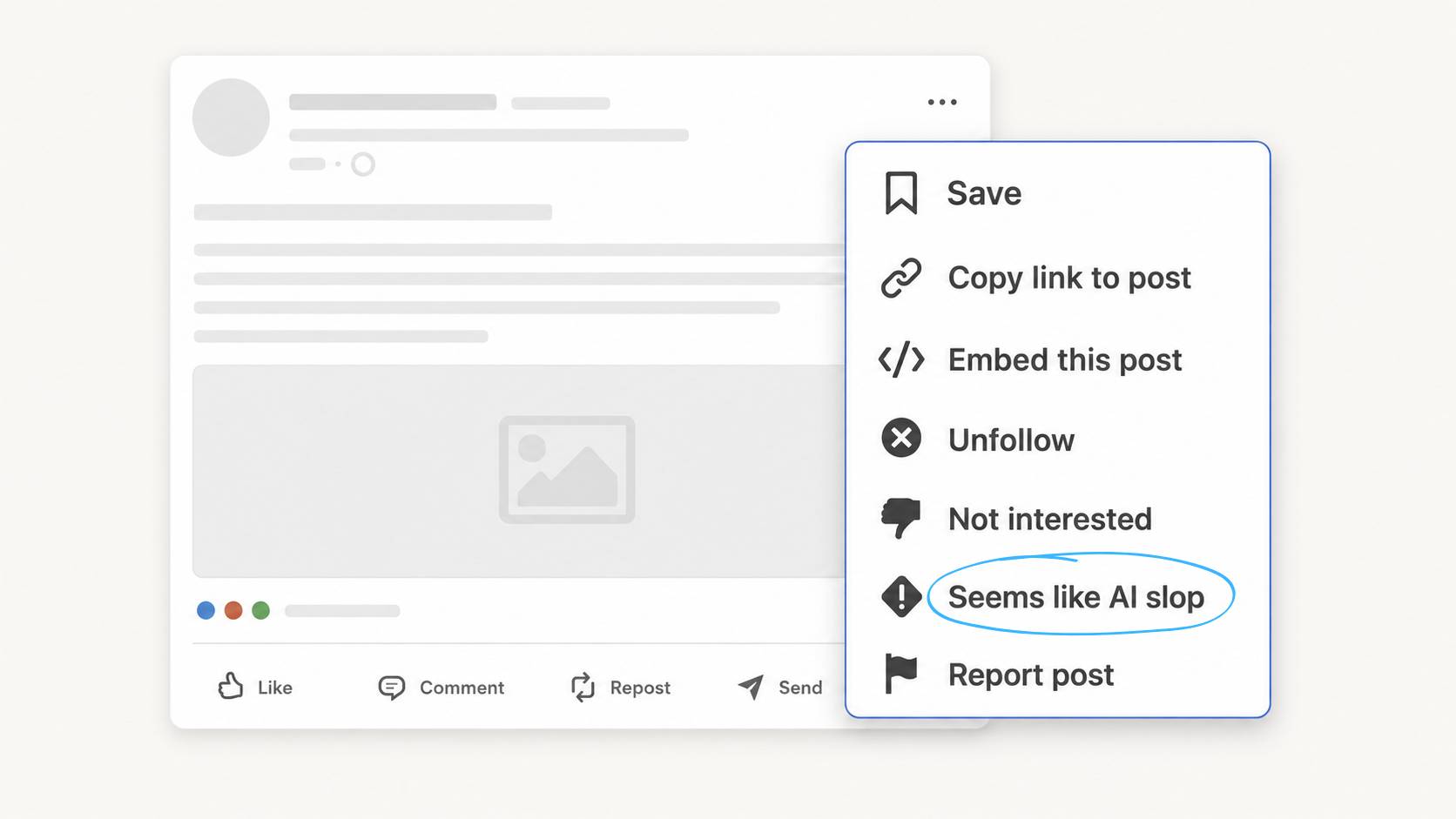 The LinkedIn post menu showing the seems like AI slop reporting option