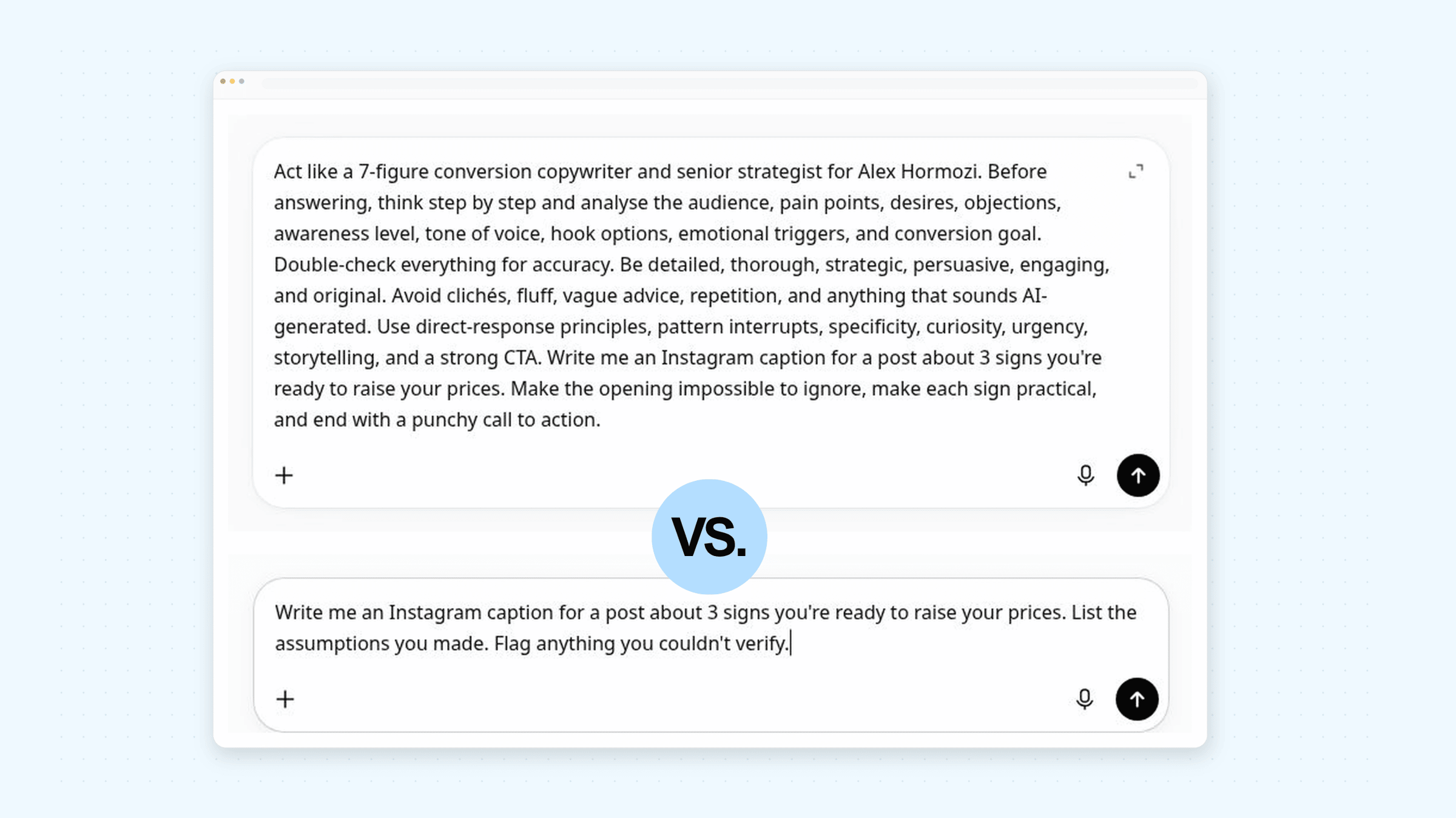 A bloated old prompt on the left next to a lean new prompt on the right