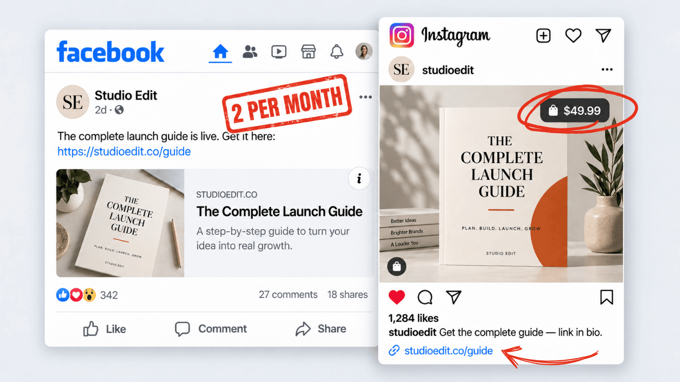 A Facebook link post stamped 2 per month beside an Instagram link post with a $49.99 price tag