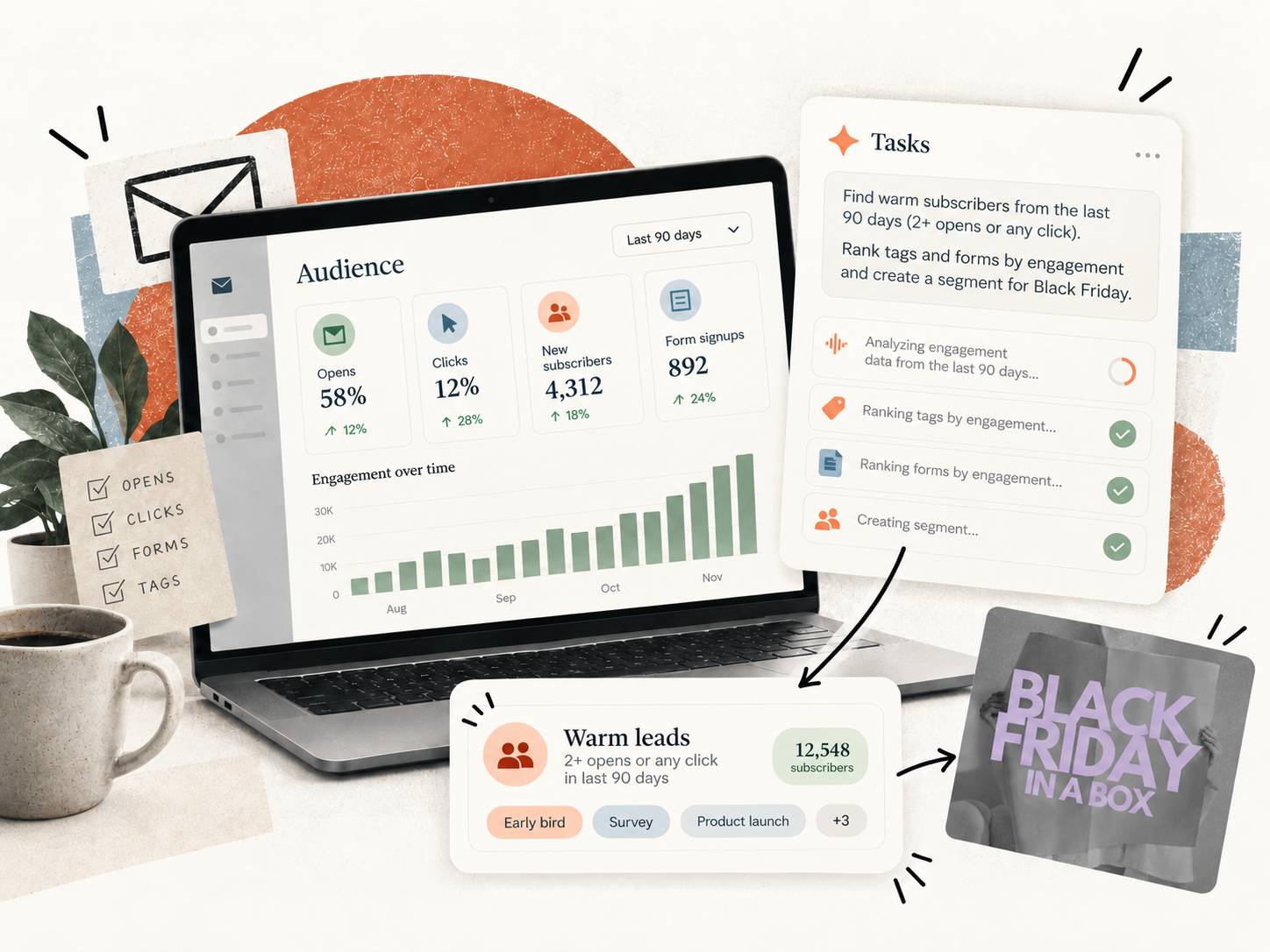 An email segment list with a new warm subscribers segment added at the top.