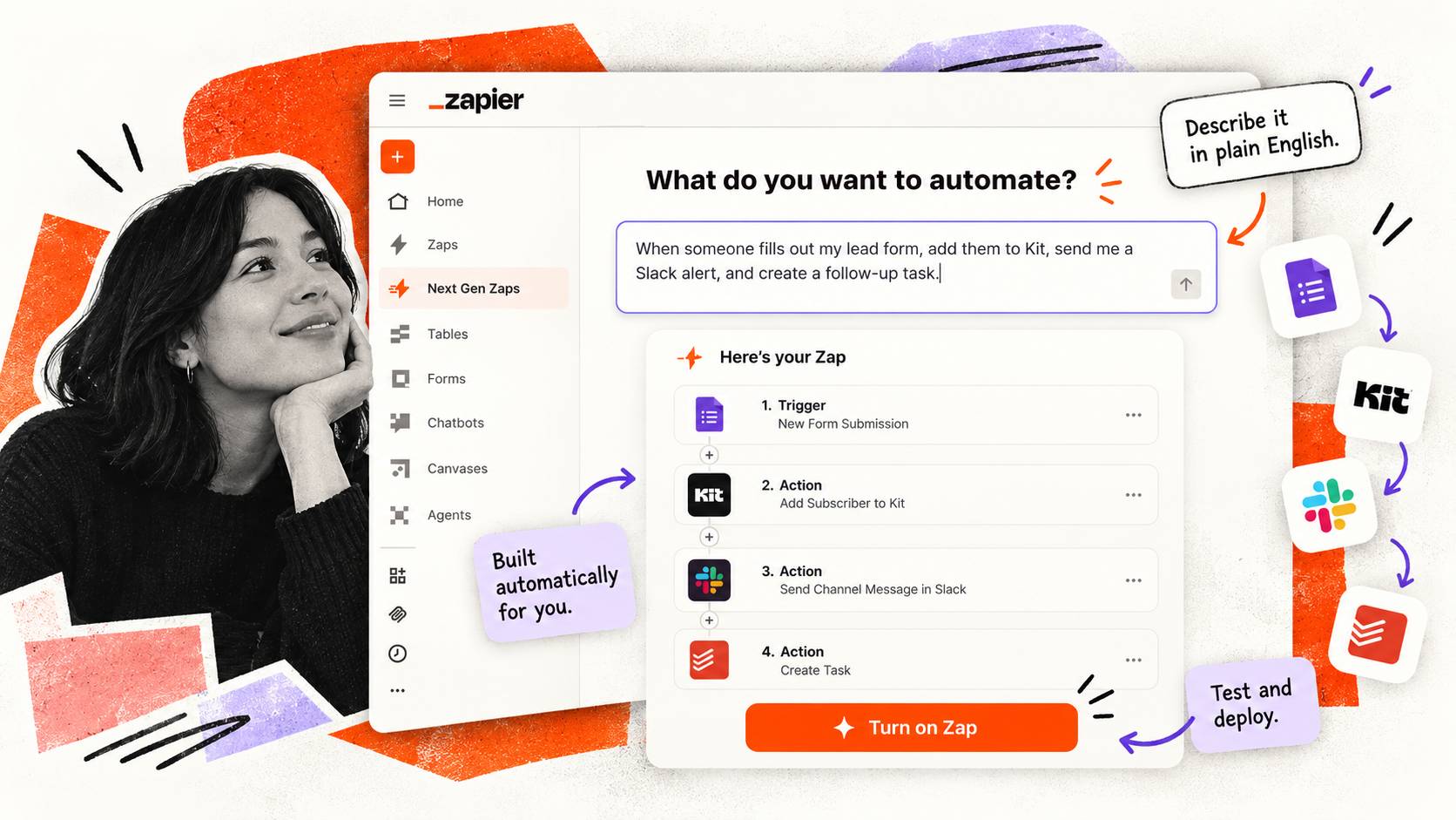 A Zapier automation being built from a plain-language description.
