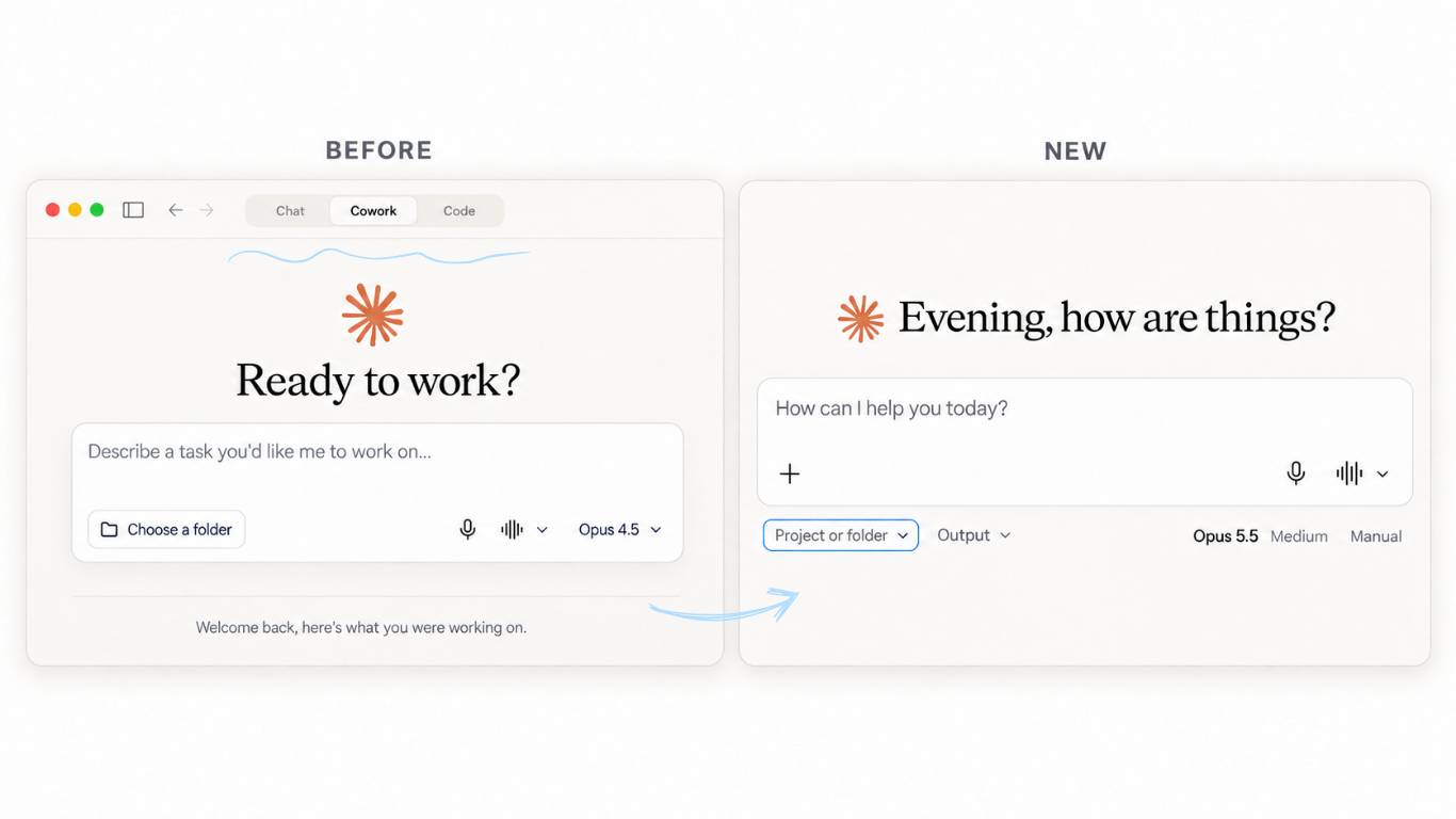 Claude today with a separate Cowork entry point on the left, and one conversation with no mode selector on the right
