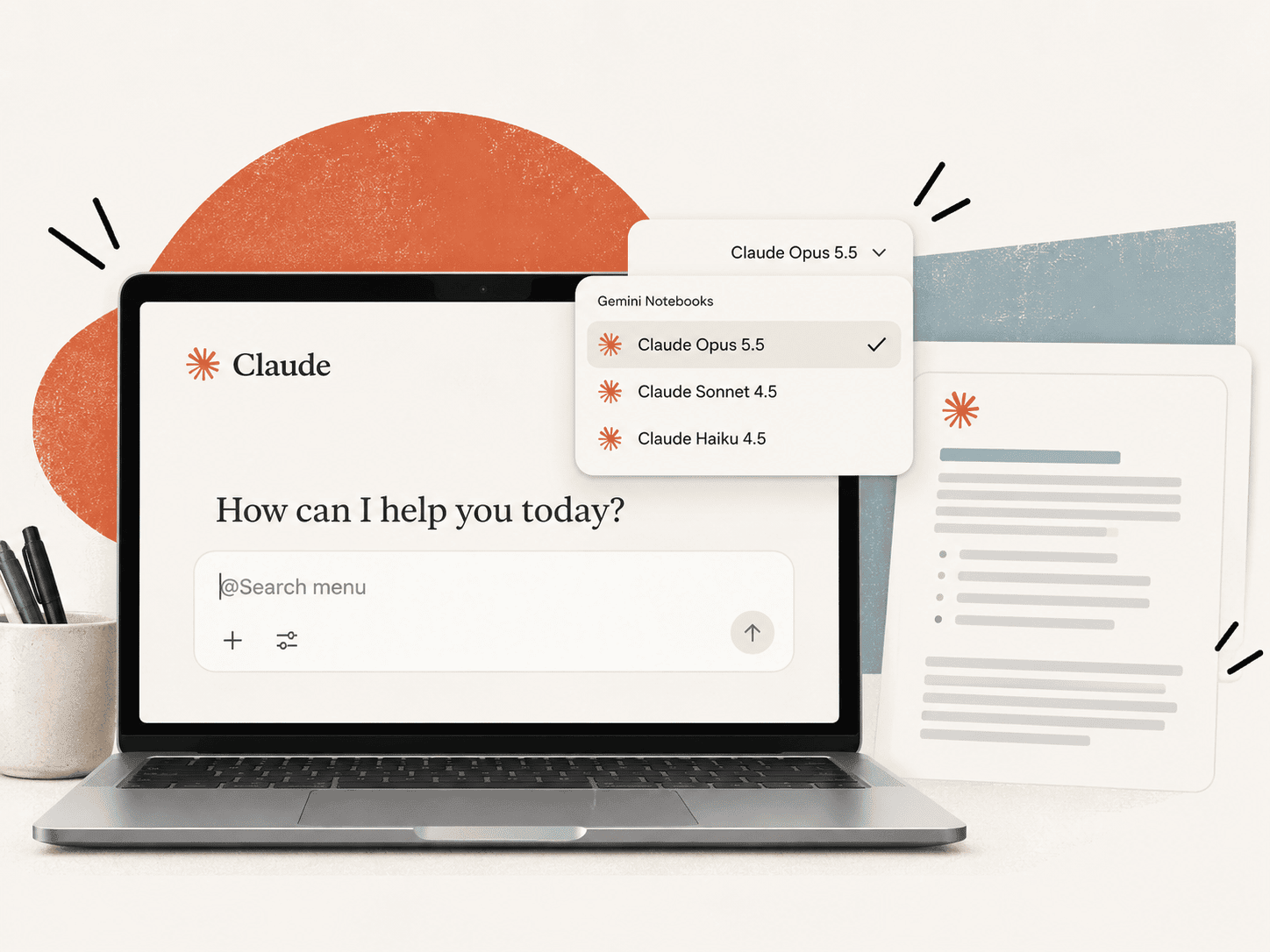 A Claude chat with the model picker open and Opus 5.5 selected