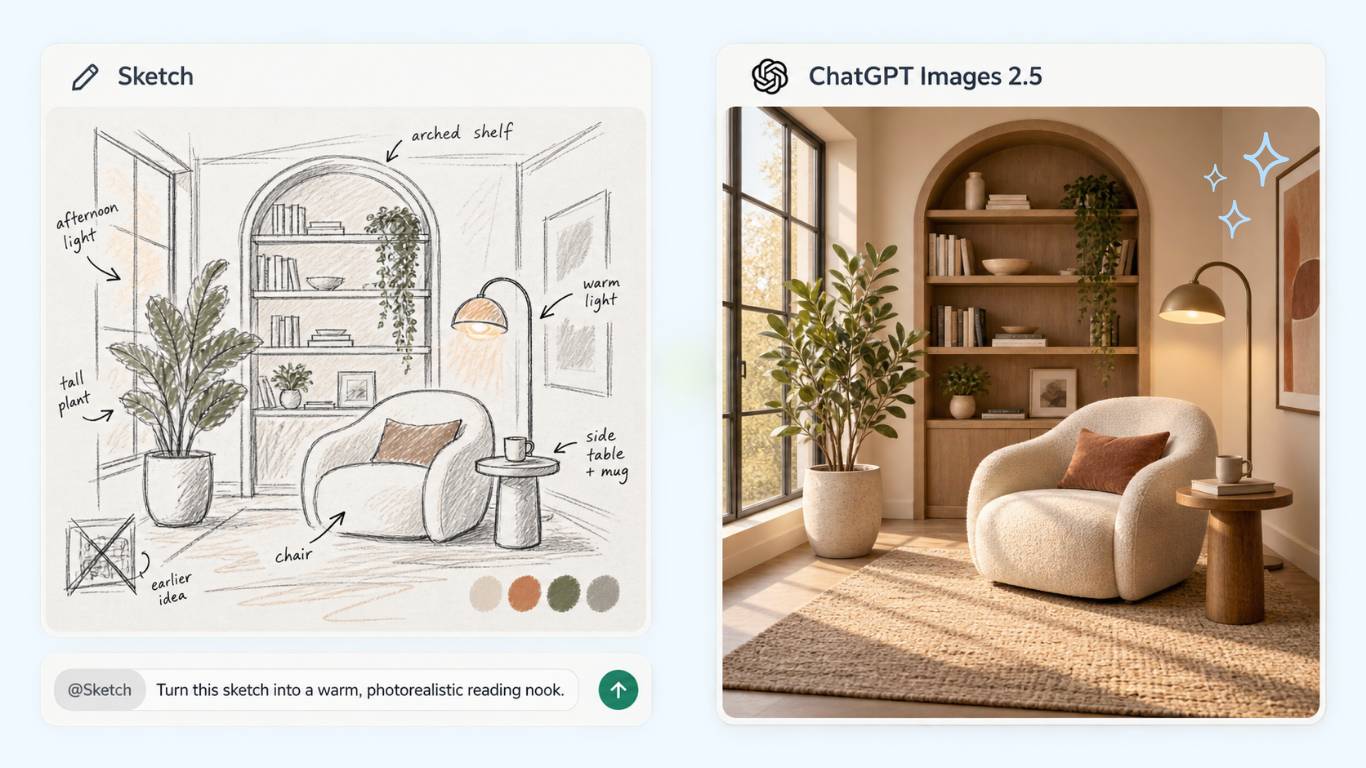 A rough hand sketch on the left and the polished ChatGPT image version of it on the right