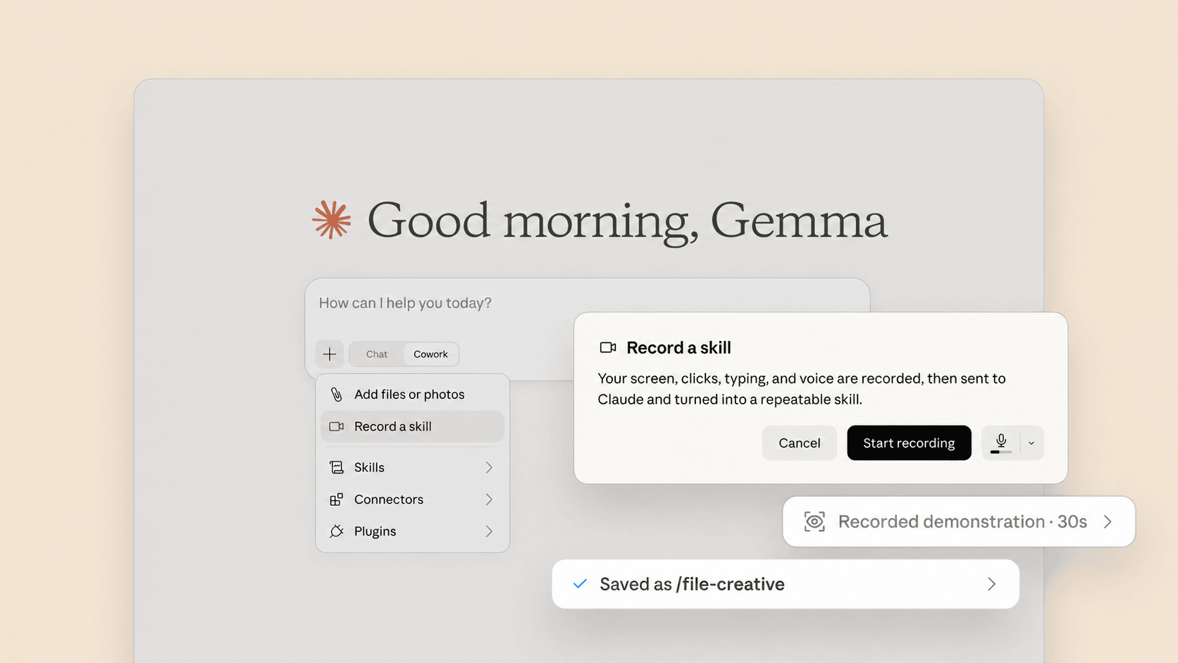 The plus menu in the Claude desktop app with Record a skill selected