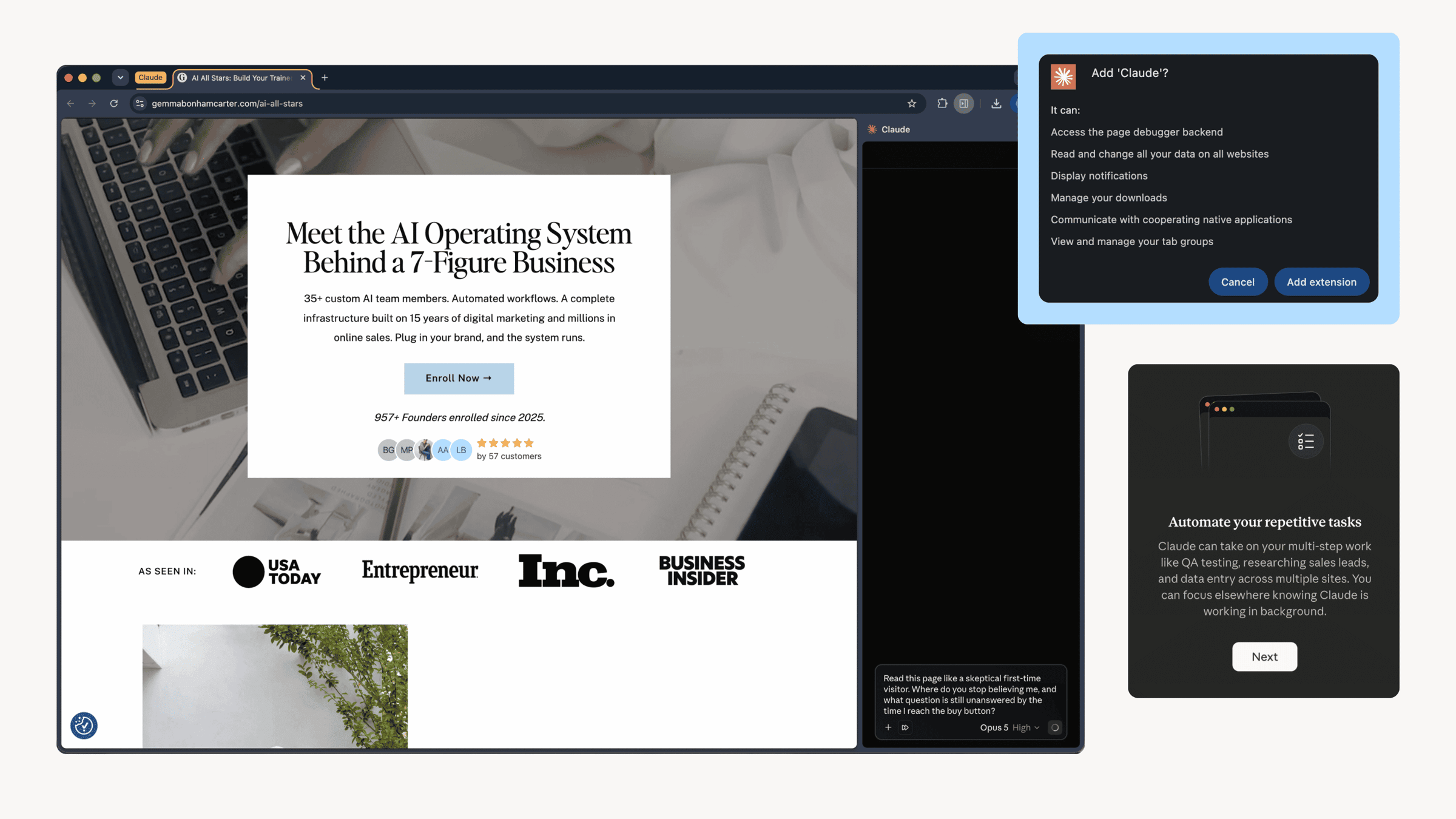 The Claude side panel open in Chrome next to a live sales page, with a conversation visible in the panel
