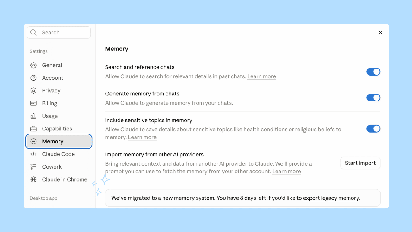 The Claude memory settings panel showing memories listed by topic, with one memory open for editing