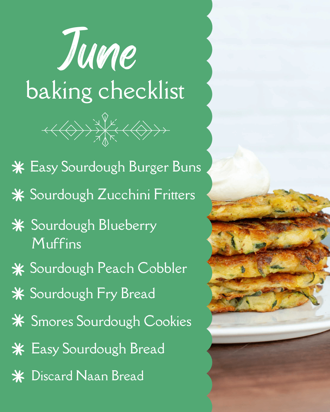 June baking checklist contains a picture of zucchini fritters and eight recipes listed.