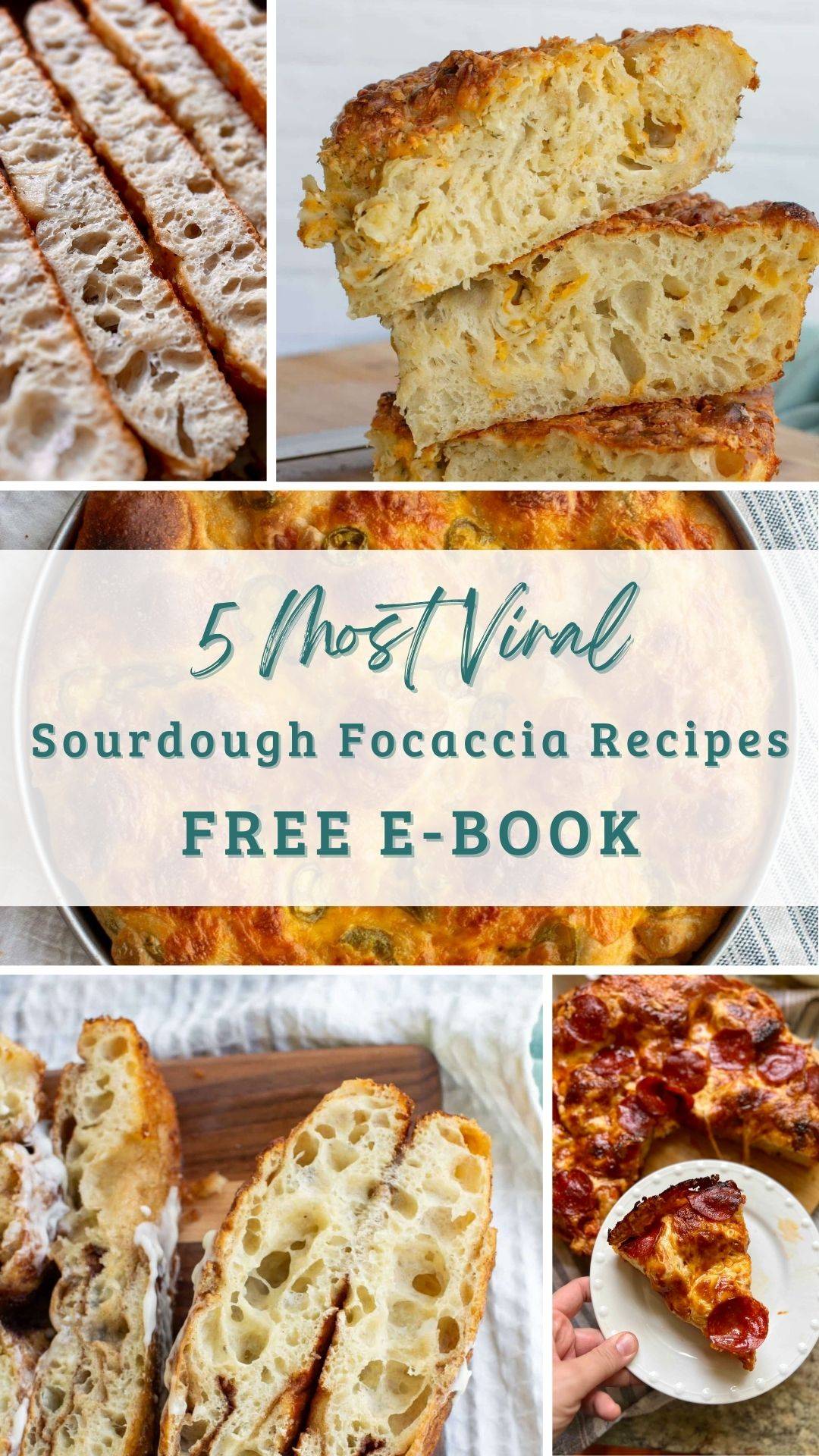 Five images of sourdough focaccia bread are in a collage with the words "5 Most Viral Sourdough Focaccia Recipes Free E-Book".