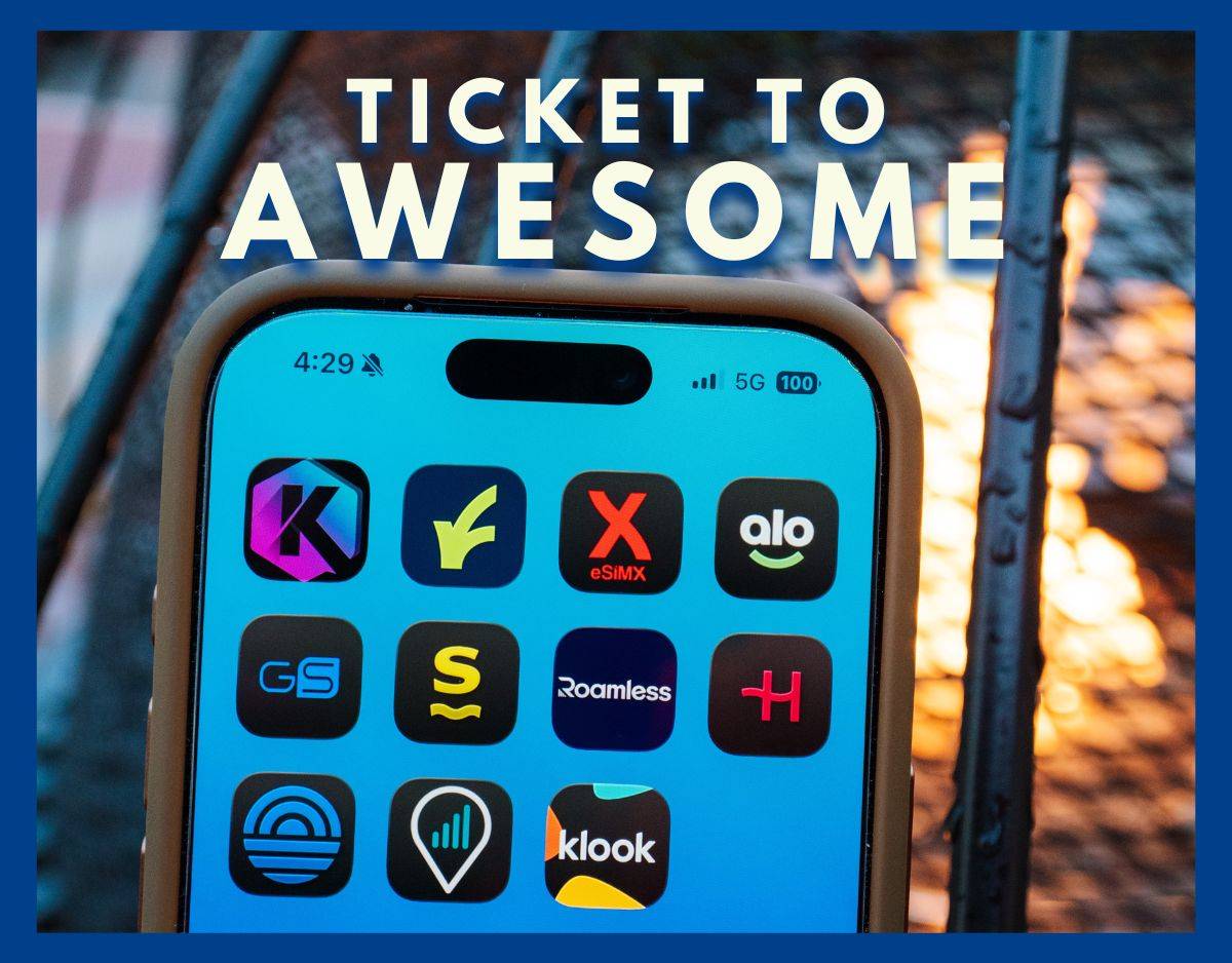 mobile phone with esim apps with ticket to awesome overlay