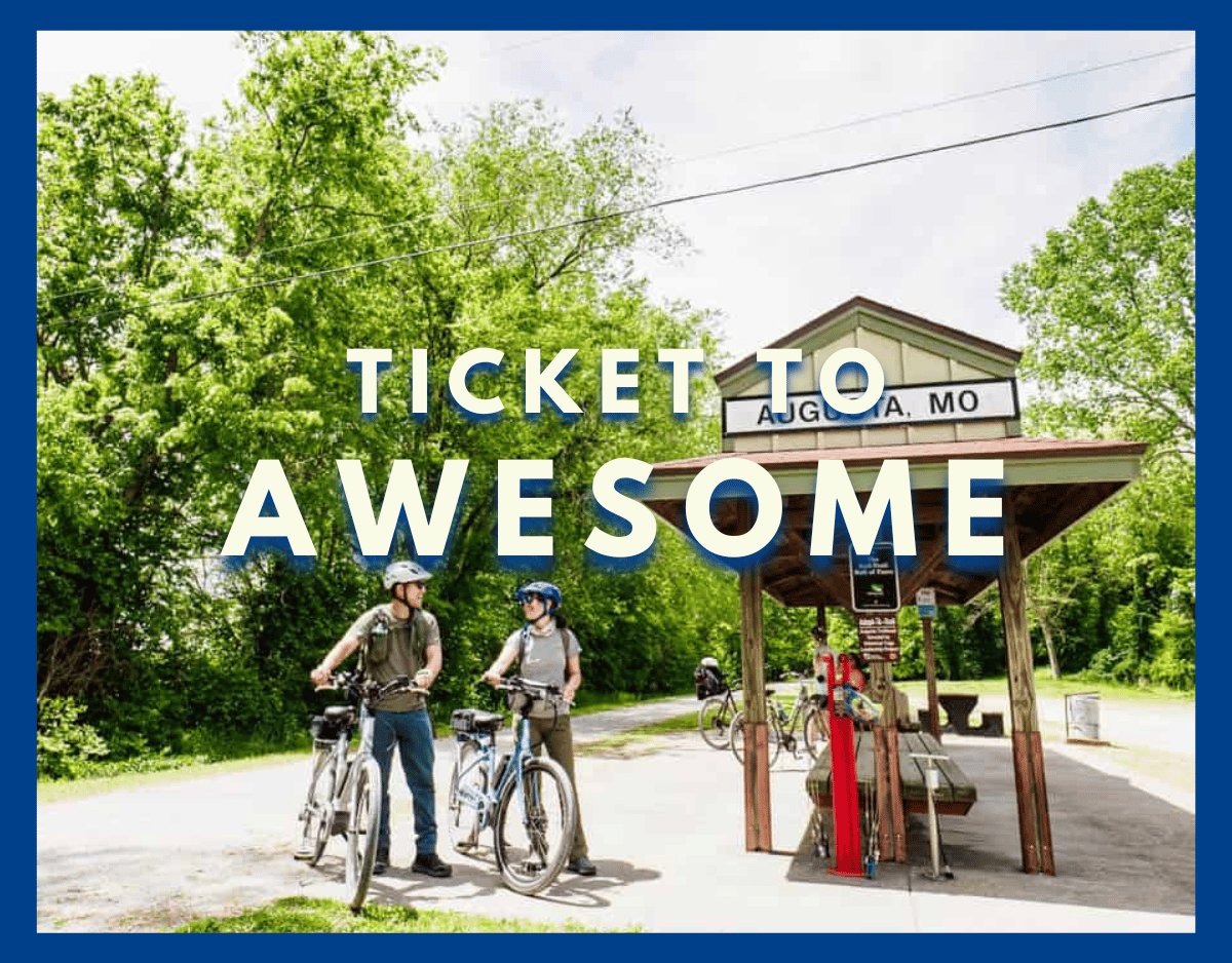 ticket to awesome newsletter by going awesome places witth two people holding onto bikes in augusta missouri on katy trail