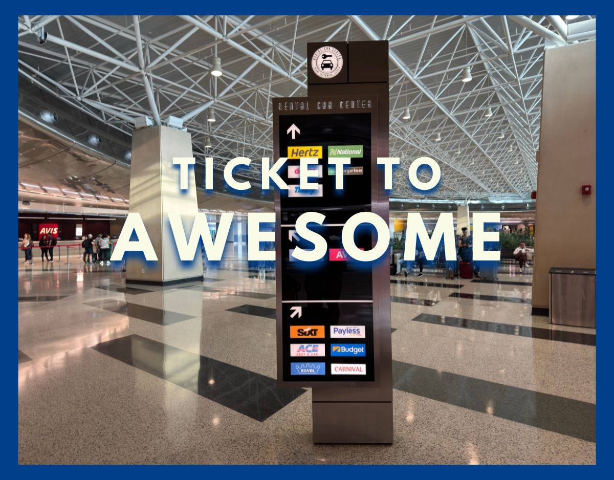 ticket to awesome newsletter by going awesome places with background of car rental center in miami