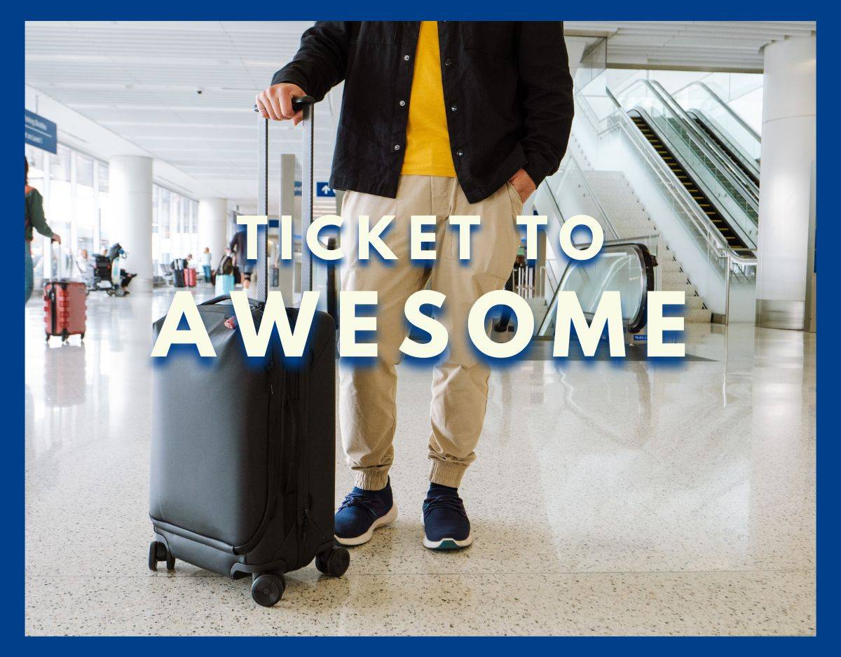ticket to awesome newsletter by going awesome places with will holding onto the peak design roller pro at an airport