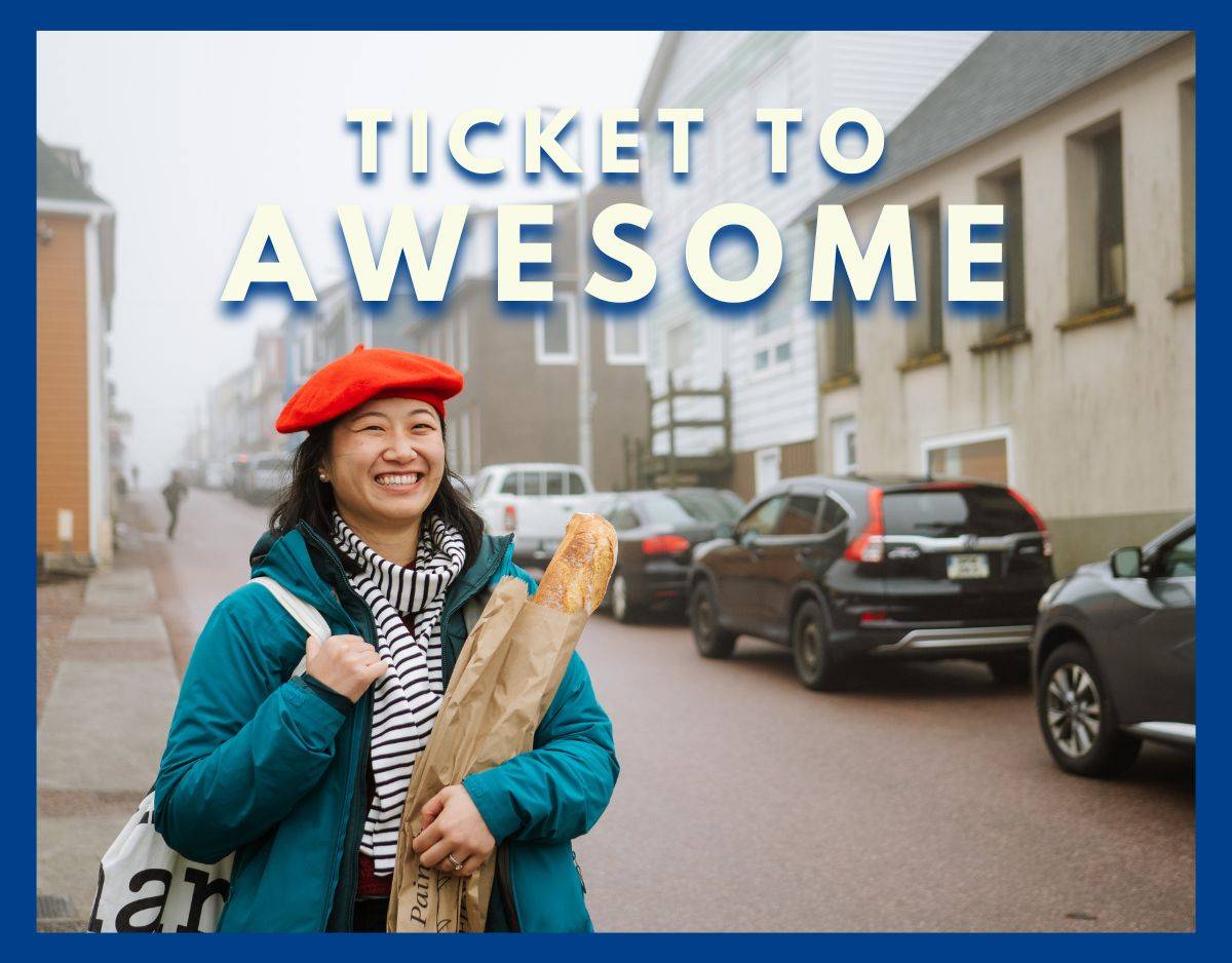chantelle wearing a red beret and holding a baguette in ticket to awesome newsletter issue about st pierre and miquelon