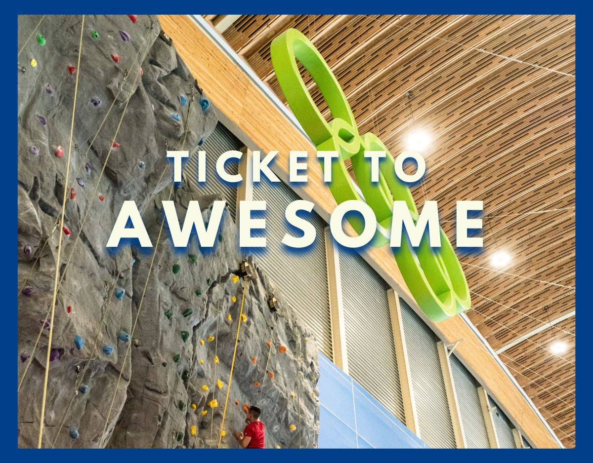 ticket to awesome title with rock climber below the olympic rings in richmond british columbia canada