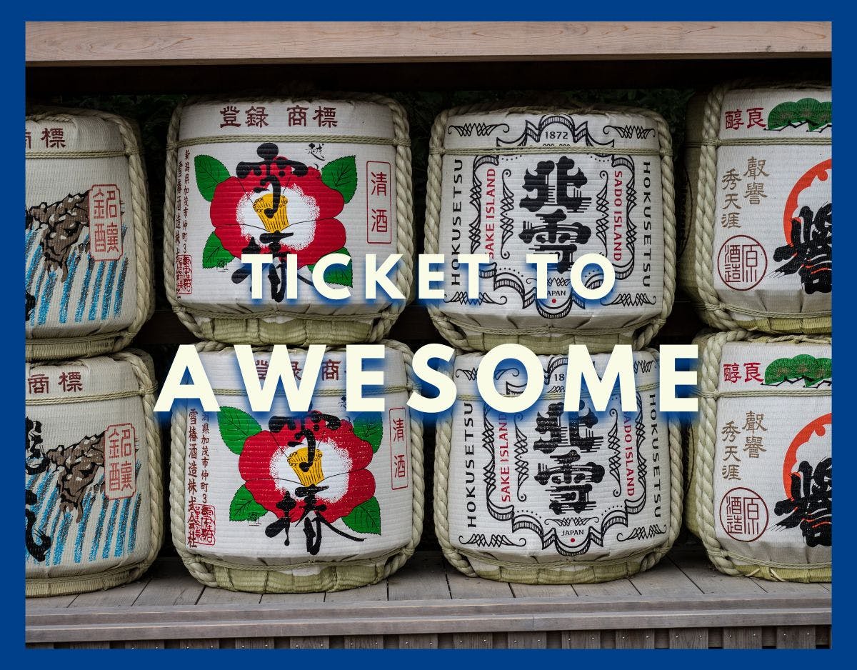 japanese sake barrels in kamakura with ticket to awesome overlay