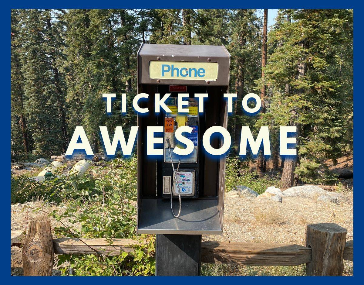 pay telephone booth in the forest with ticket to awesome overlay