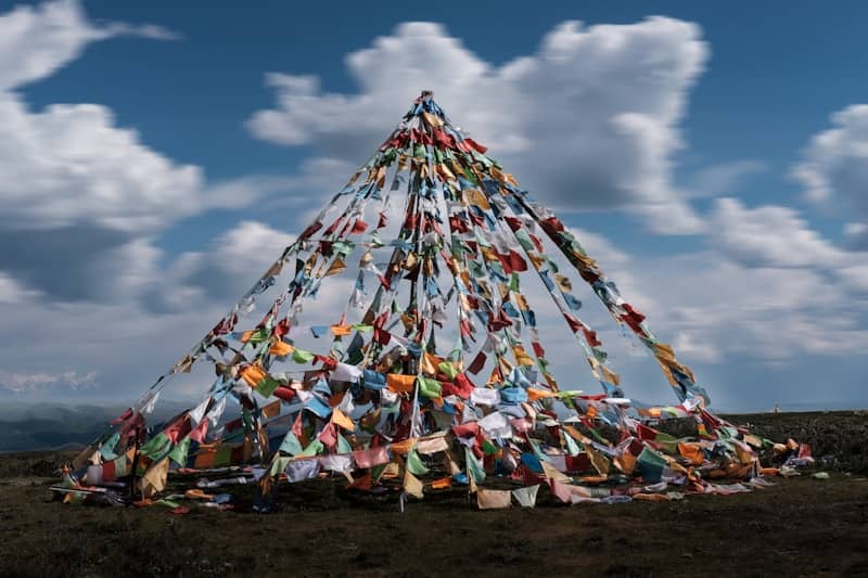 Colorful prayer flags blowing in the wind