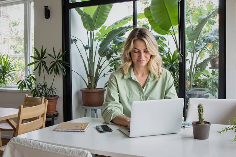Woman works on her laptop at a bright, green space.