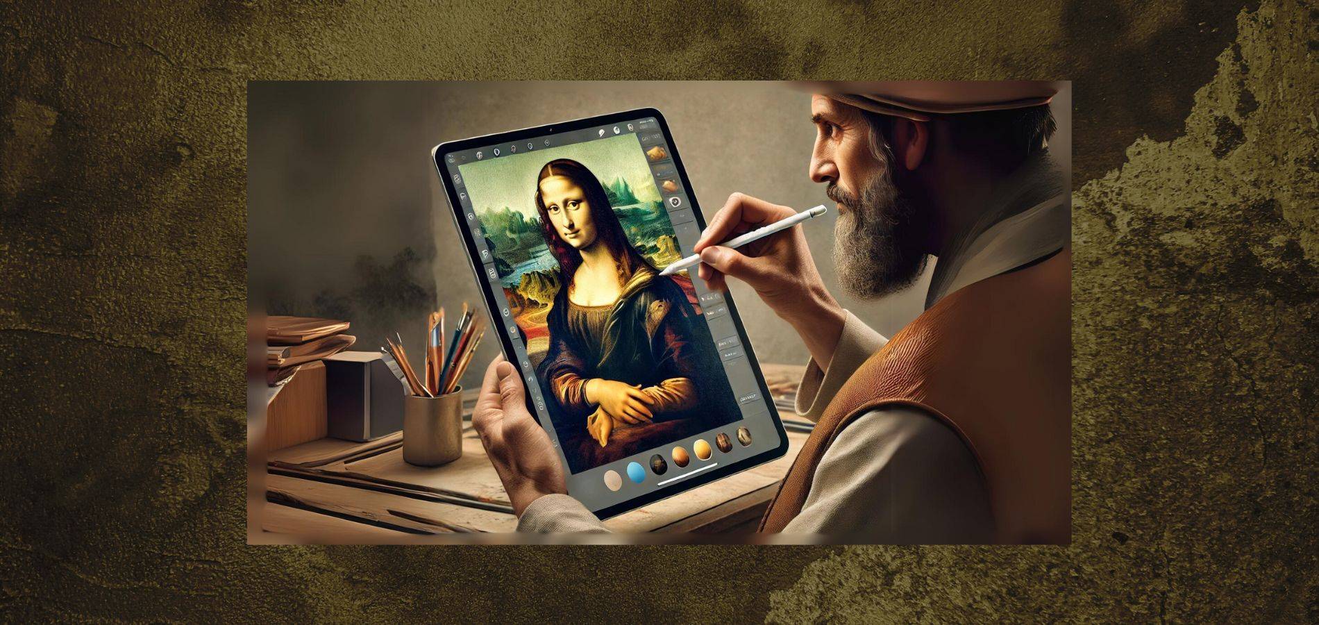 Leonardo da Vinci working on Mona Lisa on his iPad