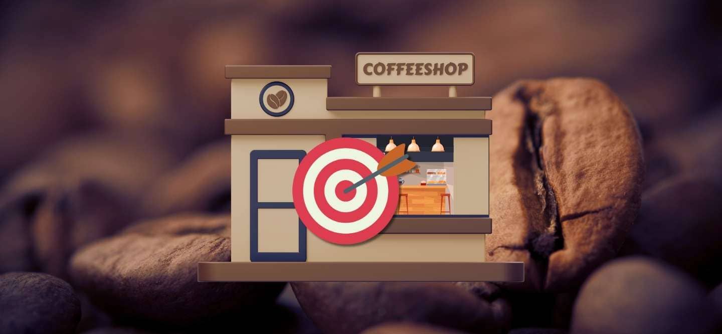 Depiction of a coffee shop with a target and arrow hitting it on top. 