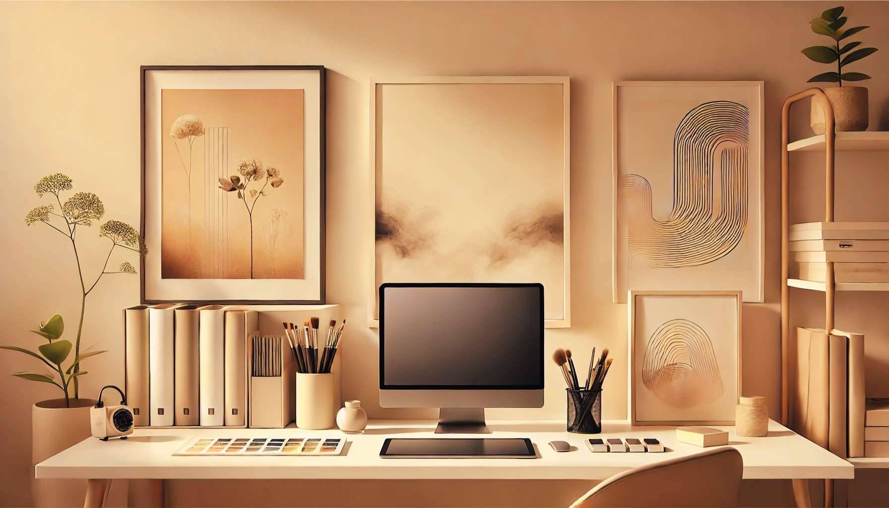 a desk with monitor and art prints on the wall 