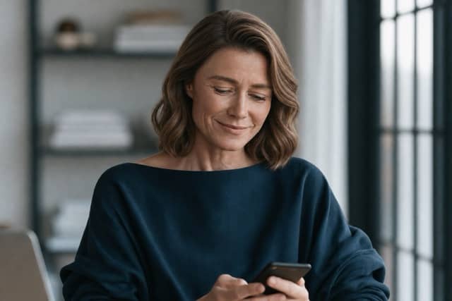 A woman in her late forties looks down at her phone with a small, settled smile in her bright, modern home office