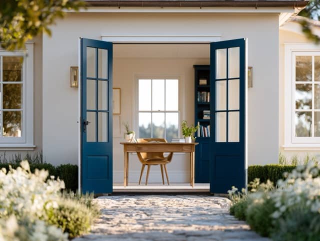 Stone garden path leading to open navy French doors with a bright, elegant home office visible beyond.