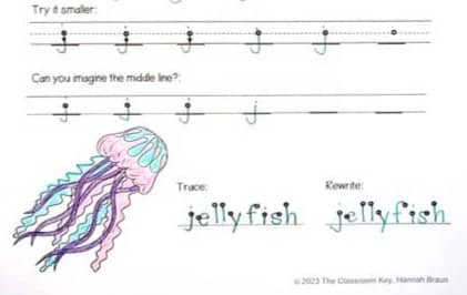 Handwriting practice for bigger kids involves writing letters smaller and without the help of a middle dotted line