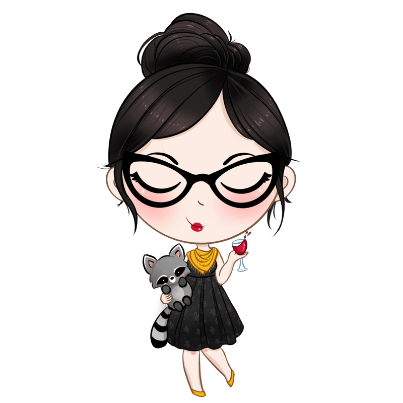 Chibi design of Elle Madison holding a raccoon and a glass of wine