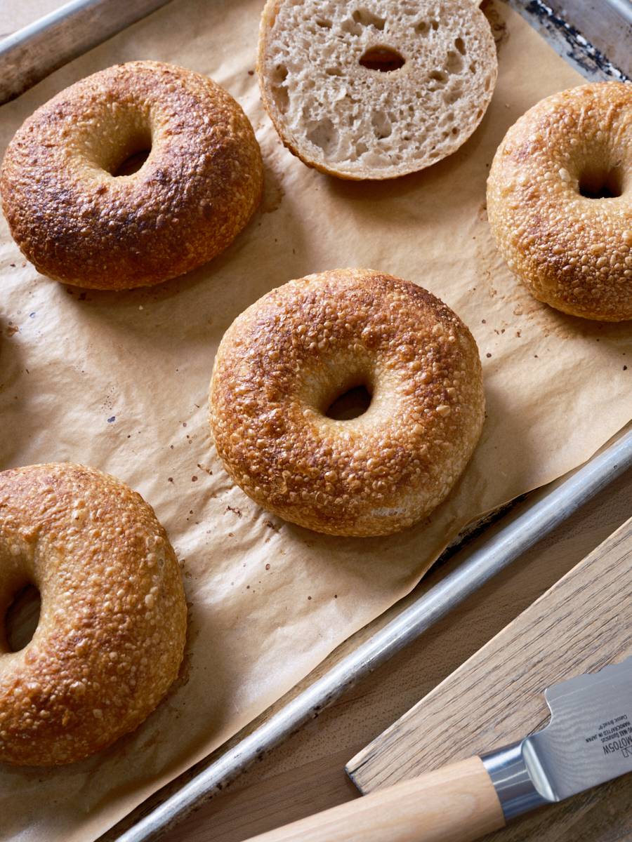 Crispy, blistered new wave sourdough bagels.