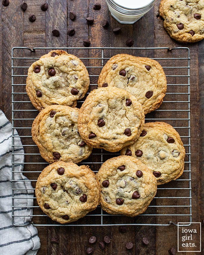 gluten free chocolate chip cookies on a cooling rack