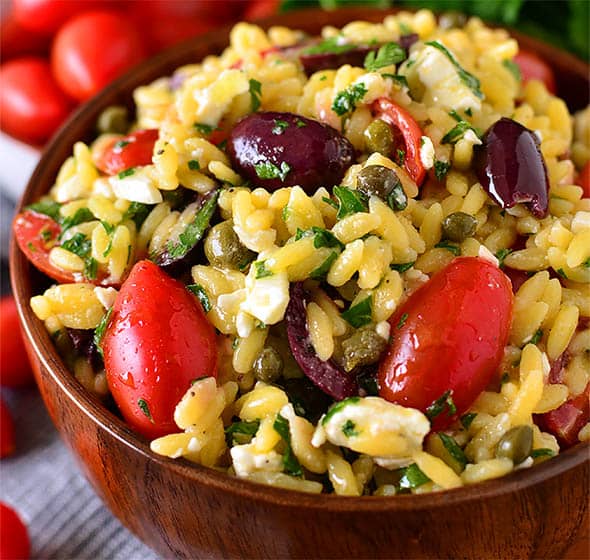 bowl of mediterranean orzo salad