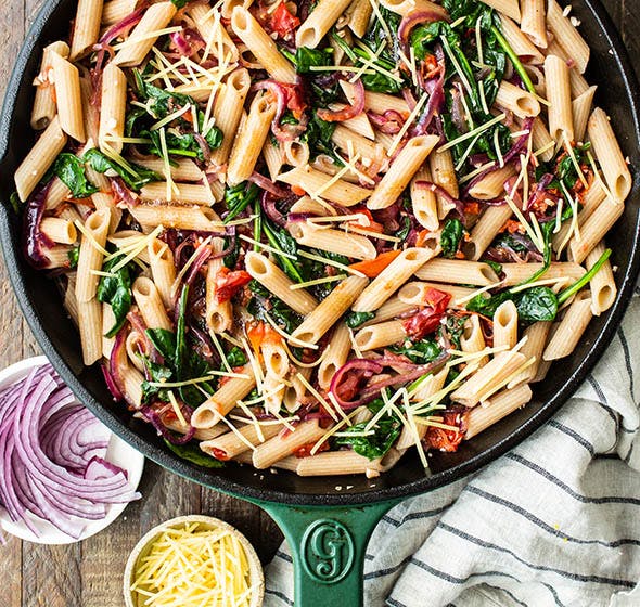 overhead photo of skillet of pasta frescaa