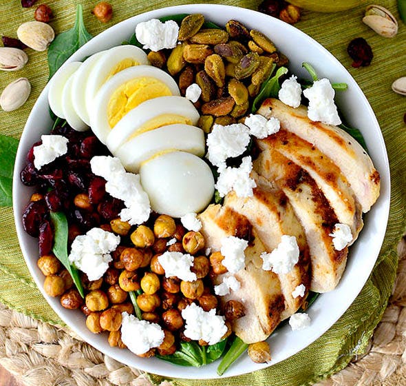 overhead photo of bowl of chicken power saladd