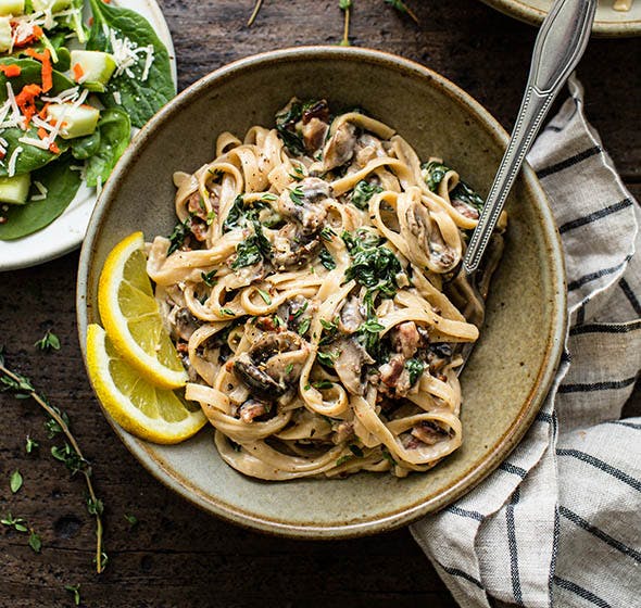 bowl of creamy mushroom parmesan pasta