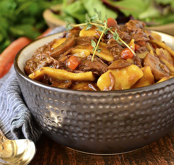 Bowl of gluten free beef and noodles