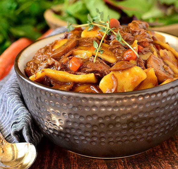 Bowl of gluten free beef and noodles