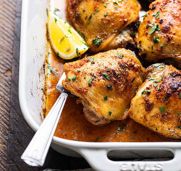 roasting pan of chicken thighs