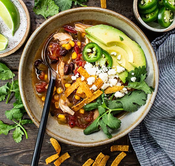 Bowl of easy crock pot chicken tortilla soup