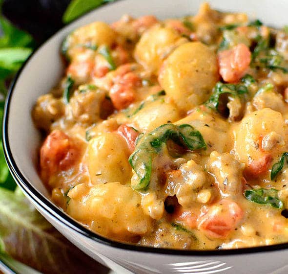 bowl of cheesy gnoccji florentine