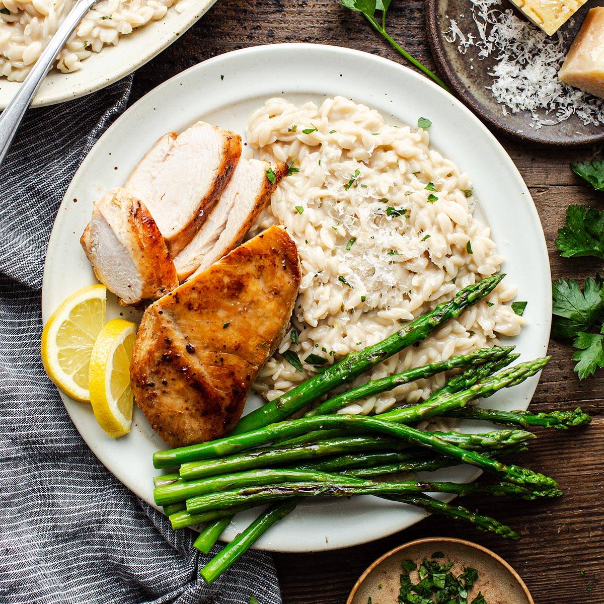 dinner plate with creamy parmesan garlic orzo