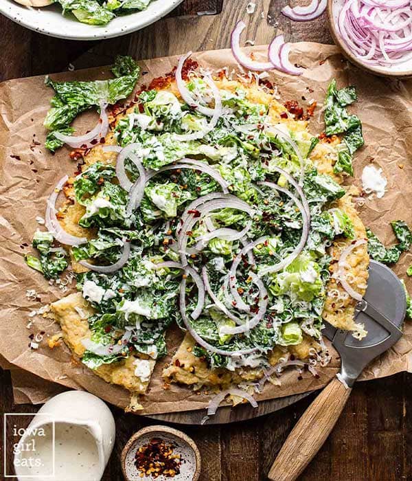 High-Protein Chicken Crust Caesar Salad Pizza