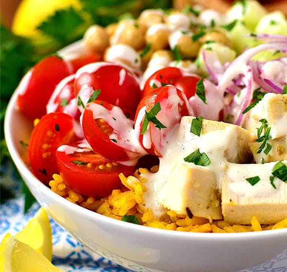 close up of Mediterranean Chicken & Chickpea Bowls