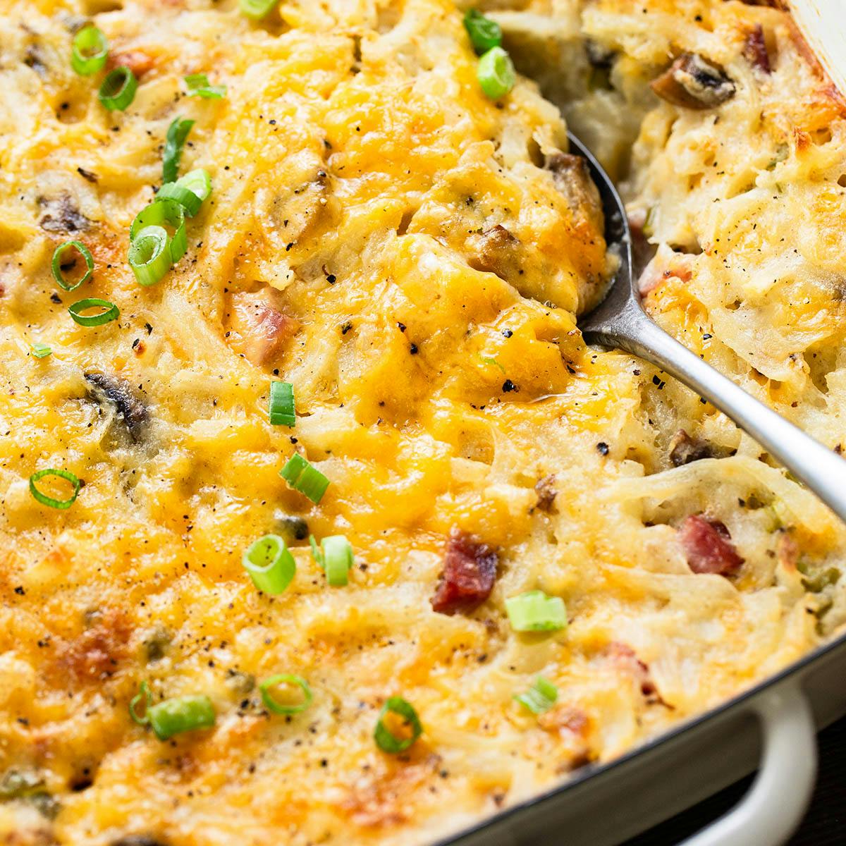 pan of cheesy ham and hash brown casserolee