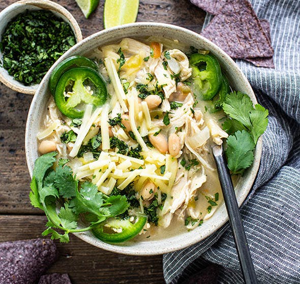 overhead photo of white chicken chili